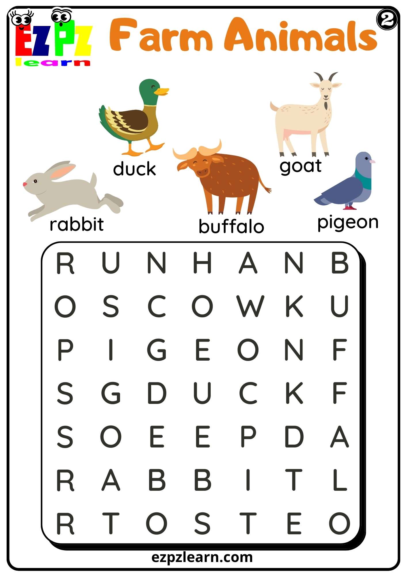 Farm Animals Word Search Worksheet for Kindergarten or ESL Students Free PDF Download set 2